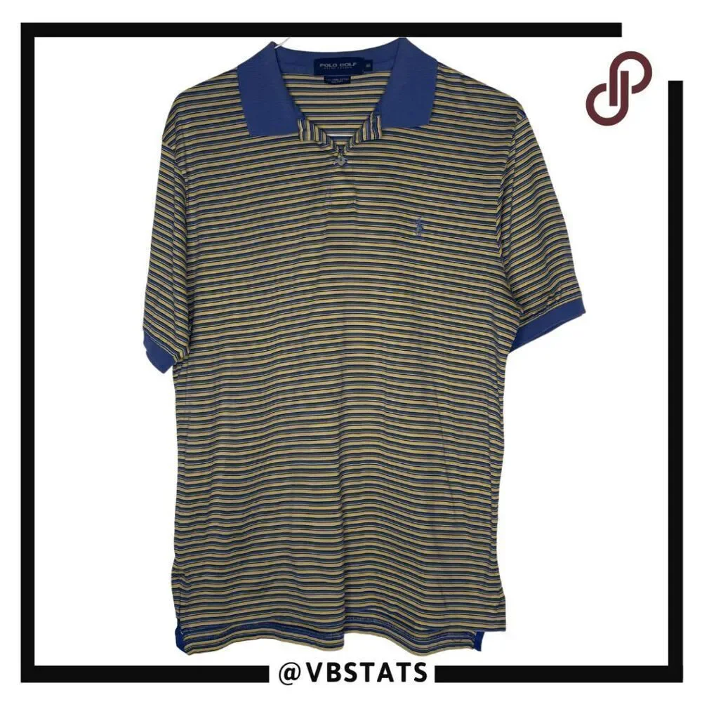 Ralph Lauren Men's Striped Pima Cotton Polo Golf  Shirt Blue Yellow‎ Size Medium